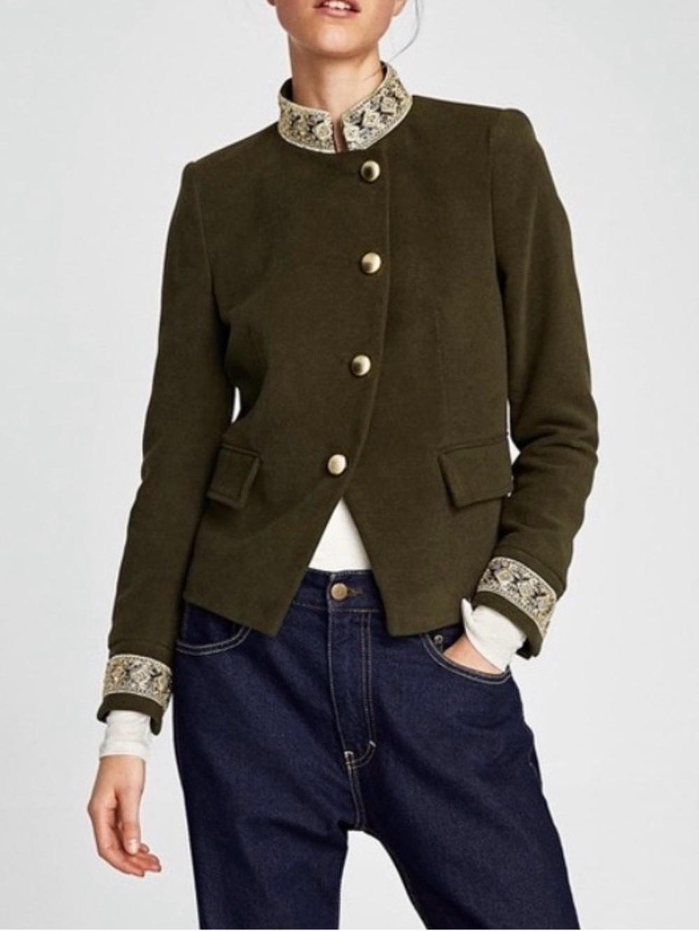Zara Velvet Olive Green Gold Trim Military Style Jacket - XS